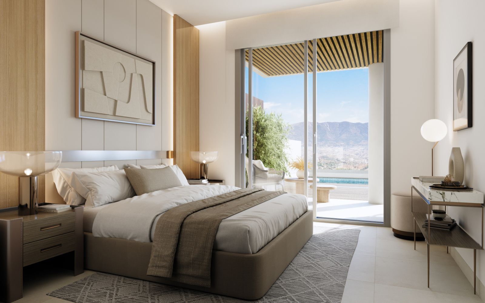 Slaapkamer in Sunrise Golf Residences met uitzicht op het zwembad.