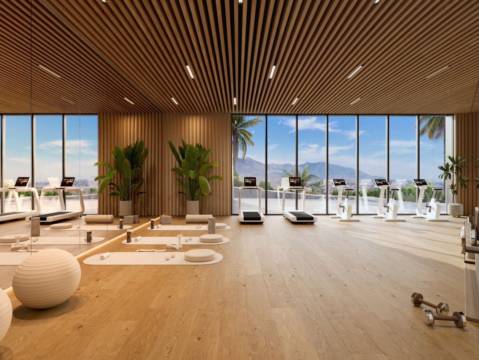 Moderne fitnessruimte met uitzicht op de bergen