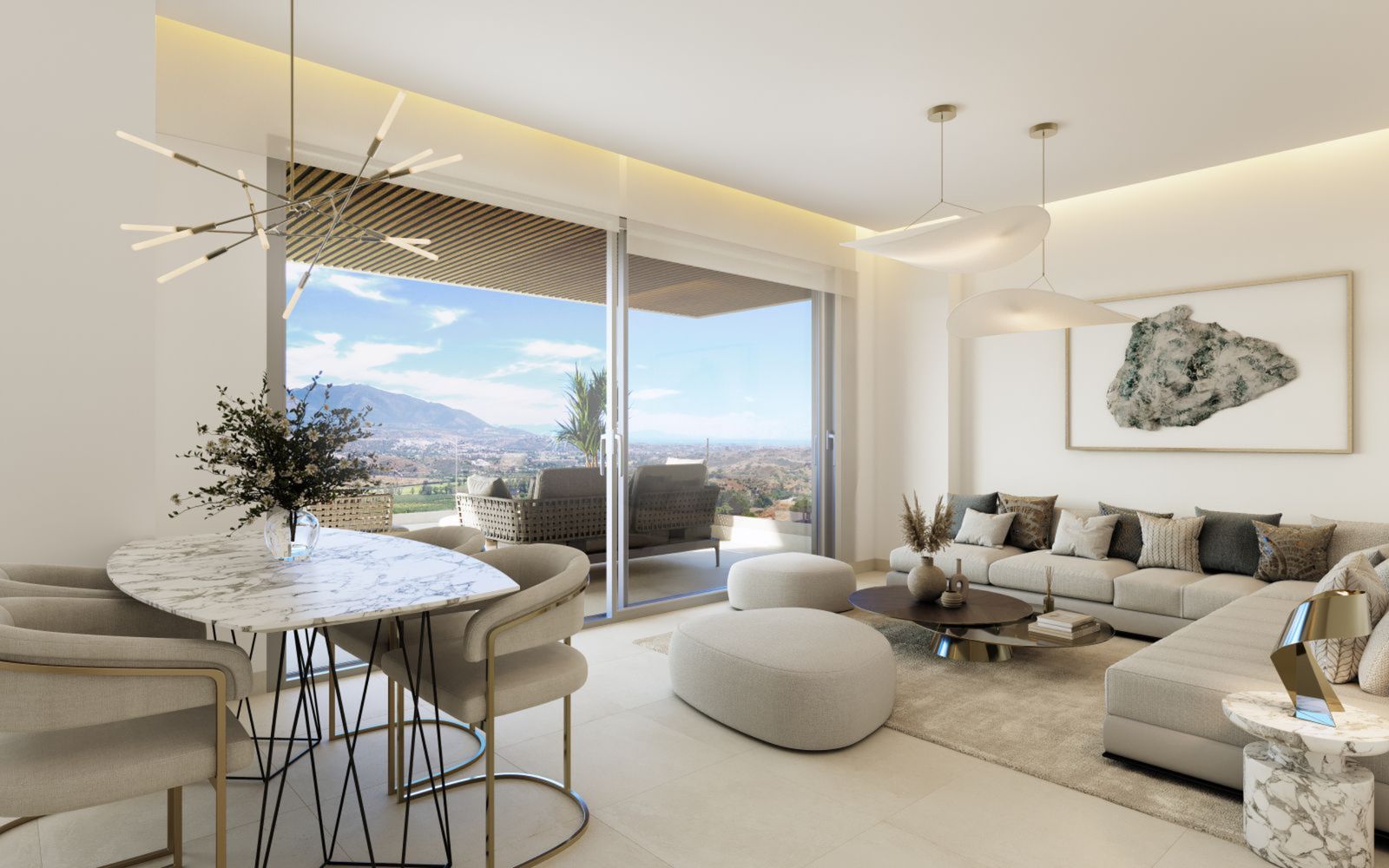 Moderne woon-eetkamer met uitzicht bij Sunrise Golf Residences